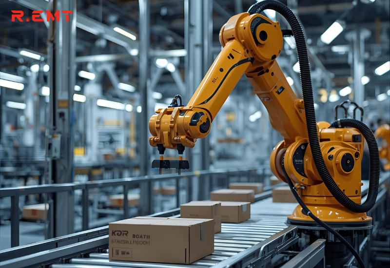 Cánh tay robot 6 trục đang gắp sản phẩm trong dây chuyền tự động.