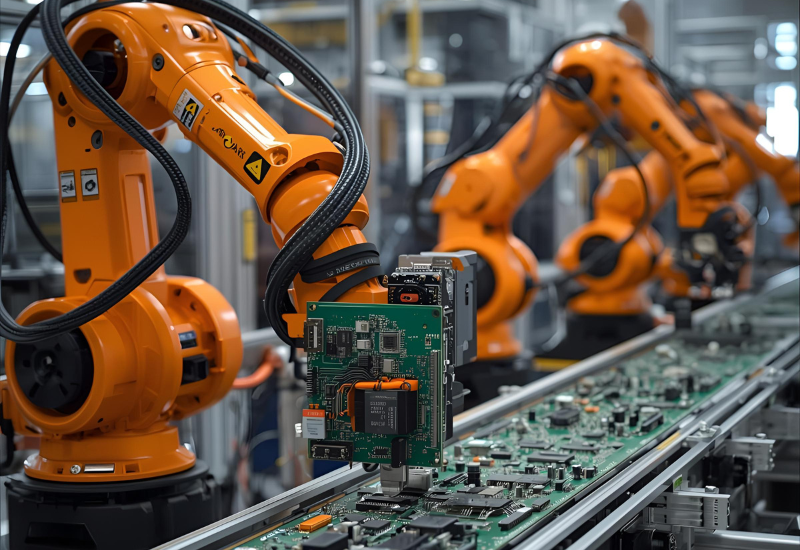 Ảnh minh hoạ robot lắp đặt linh kiện điện tử trên băng chuyền