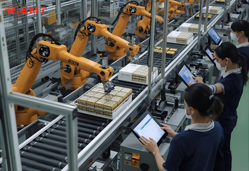 Ảnh minh hoạ dây chuyền nhà máy thông minh tại Việt Nam với robot công nghiệp và màn hình giám sát