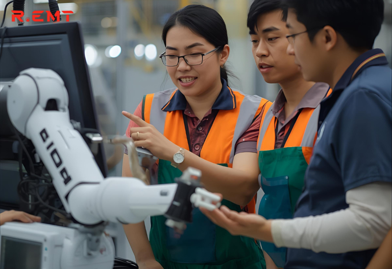 Ảnh minh hoạ kỹ sư hướng dẫn công nhân vận hành robot tại nhà máy.