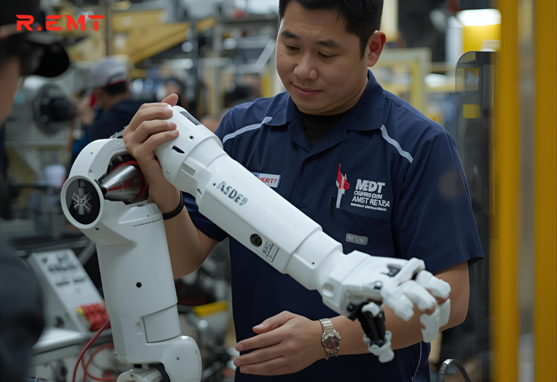 Ảnh minh hoạ kiểm tra robot cánh tay đang hoạt động tại dây chuyền lắp ráp.